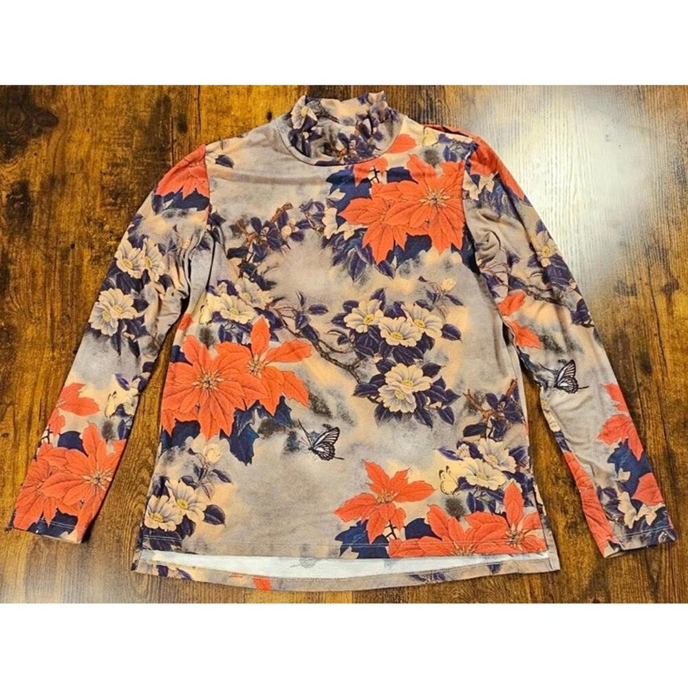 Johnny Was Claret Floral Mock Turtleneck Top Size Medium
